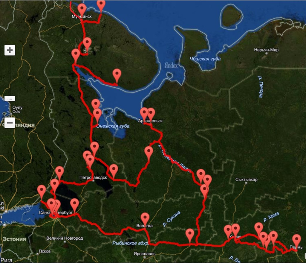 Схема маршрута путешествия по северу России