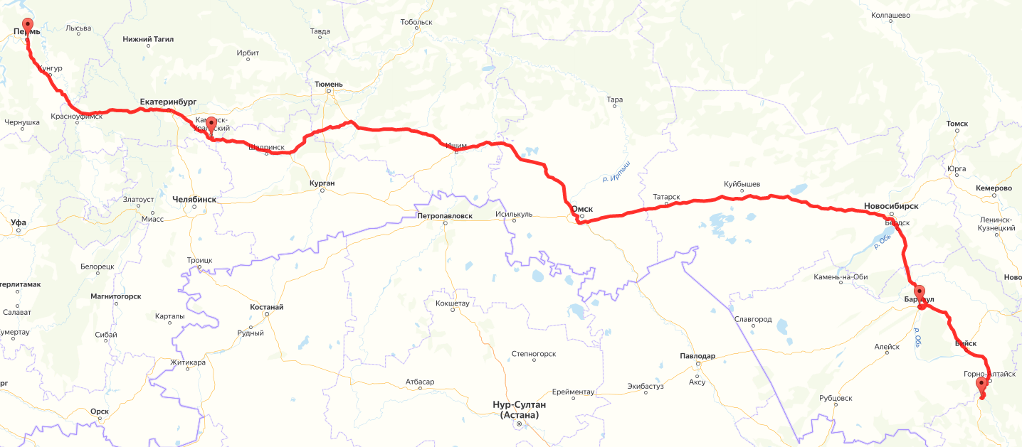 Маршрут на Алтай из Перми на карте