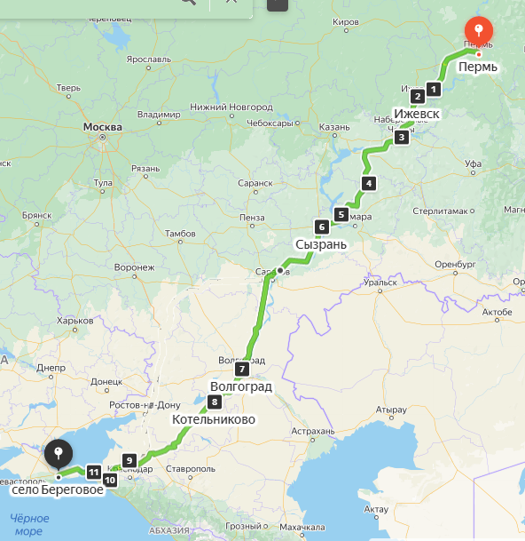 Маршрут в Крым из Перми на карте